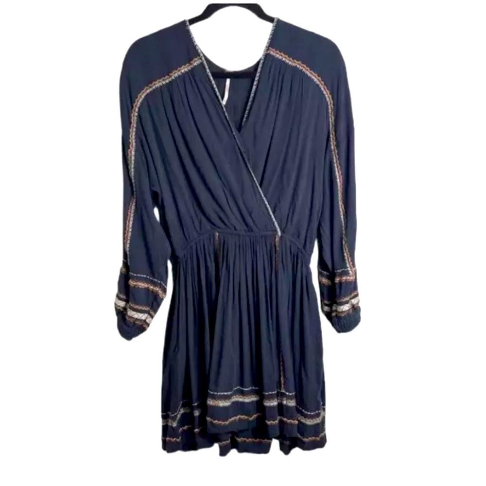 Free People Boho Knee Length Long Sleeve Navy Gauze Embroidered V Neck Dress S
